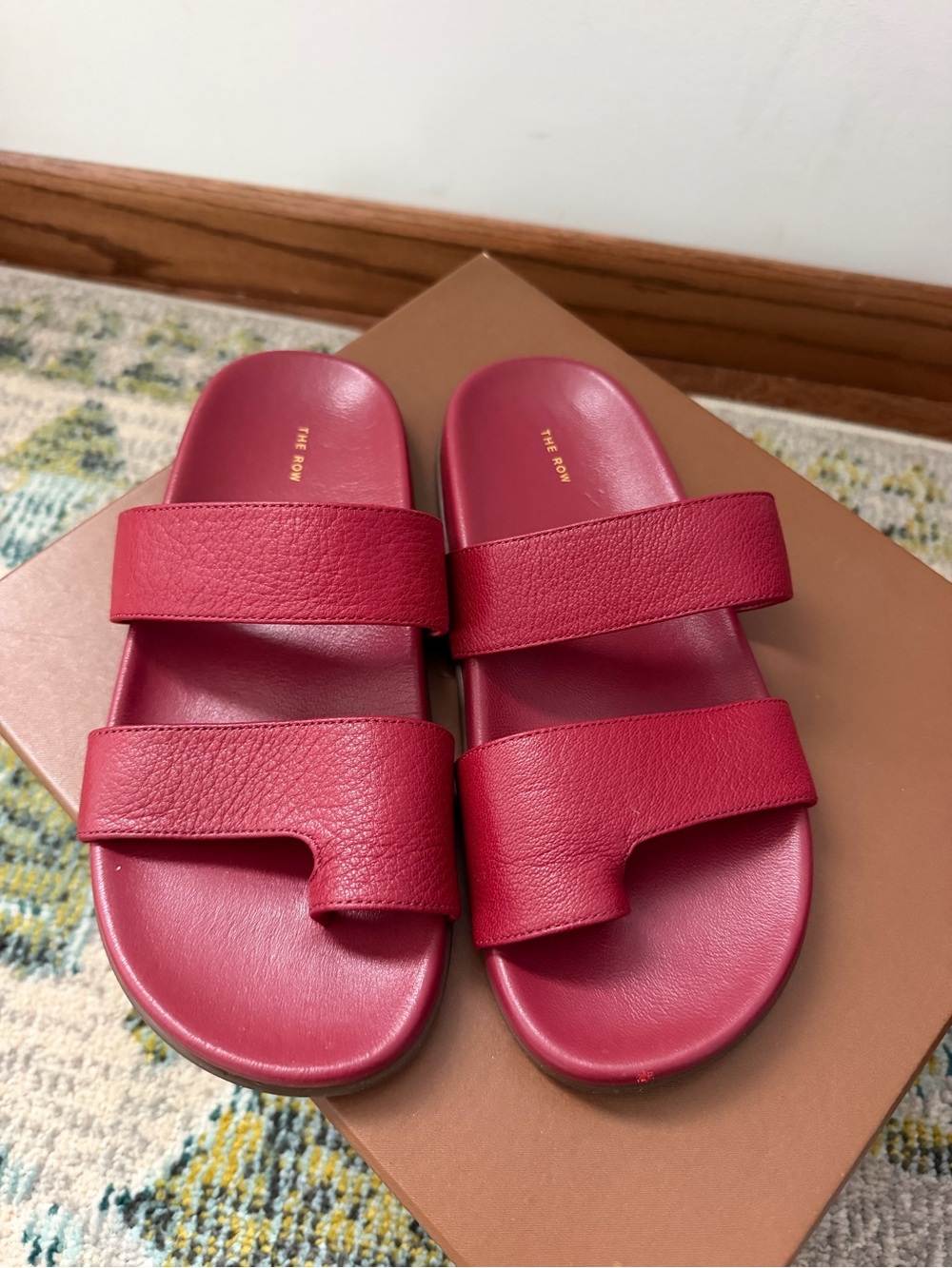 The Row Women's Double-Strap Burgundy Leather Slide Sandals